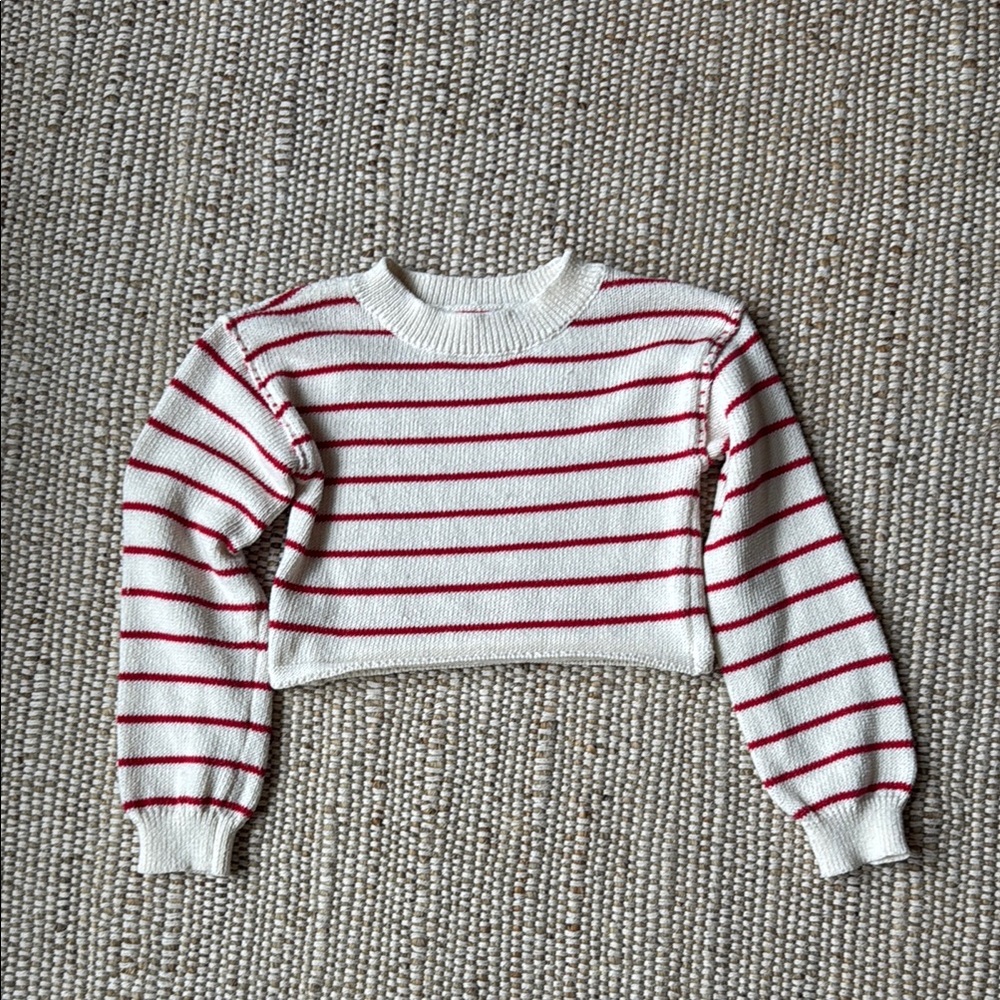 Cropped Cream Sweater with Red Stripes